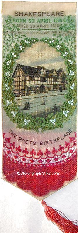 motif of cottage where Shakespeare was born, contained in wreath of leaves