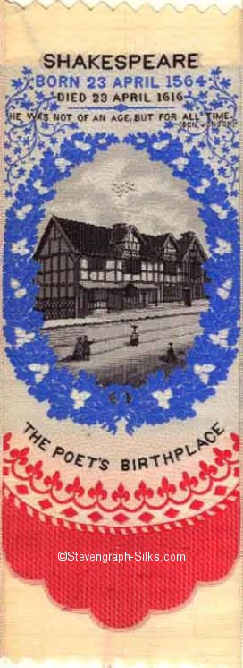 motif of cottage where Shakespeare was born, contained in wreath of leaves