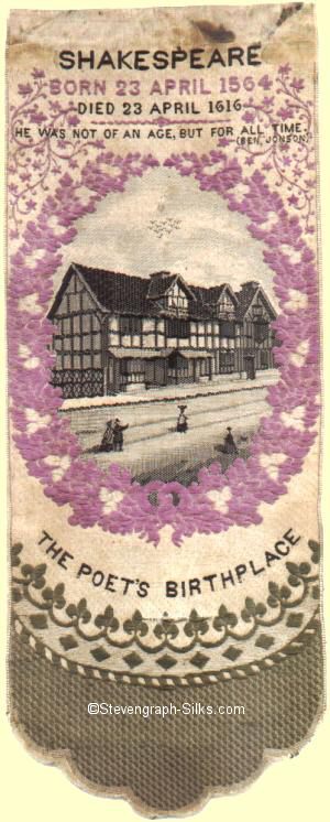 motif of cottage where Shakespeare was born, contained in wreath of leaves
