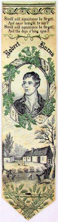 Bookmark with part of Burns poems, portrait of Burns and image of his house