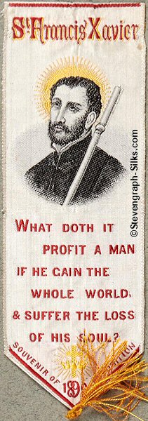 Bookmark with title words, image of the saint, and words of verse