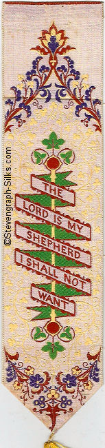 Bookmark with ribbon on which are title words, against a floral background pattern