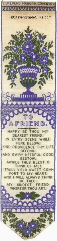 image of blue flowers in urn, with verse to a friend