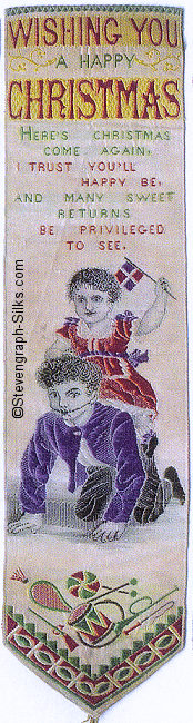 Silk bookmark with title words, words of verse, and image of a little child riding on the back of her father