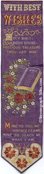 Same bookmark with different, purple silk and background colours