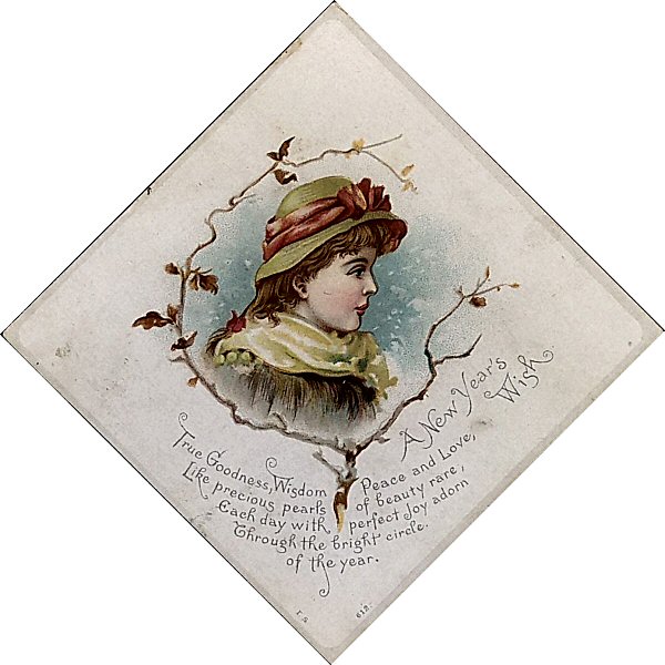 printed card with young woman, with words - A New Years Wish