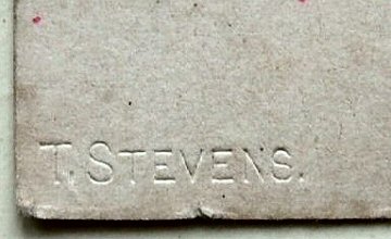 T. Stevens name embossed in lower left corner of this card