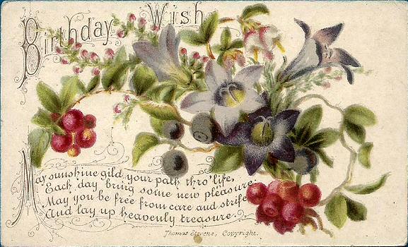 printed card, titled Birthday wish, with flowers and verse