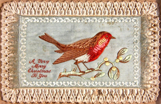Rectangular Silk - " A very merry Christmas to you, and image of a robin "