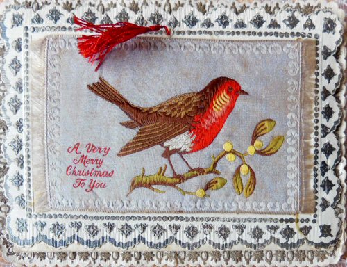 Rectangular Silk - " A very merry Christmas to you, and image of a robin "