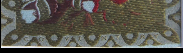 individual letters of COVENTRY woven on reverse bottom of this silk rectangle