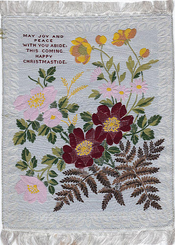 Rectangular Silk woven with fringe at top and bottom - " May Joy and Peace with you abide, this coming Happy Christmastide "