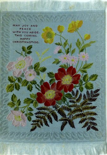 Rectangular Silk woven with fringe at top and bottom - " May Joy and Peace with you abide, this coming Happy Christmastide "