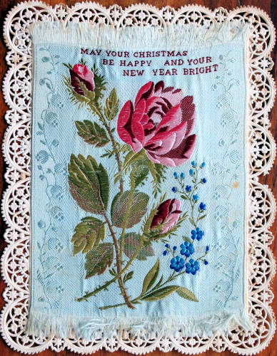 Rectangular Silk woven in blue - " May your Christmas be happy and your New Year bright "