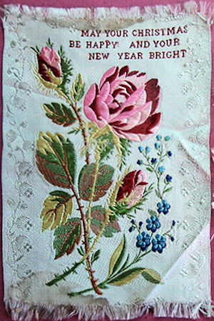 Rectangular Silk woven with fringe at top and bottom - " May your Christmas be happy and your New Year bright "
