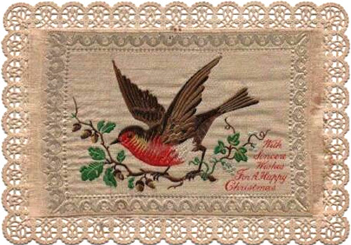 horizontal rectangular silk woven with fringe at each end, and mounted on card - " With sincere wishes for a happy Christmas "