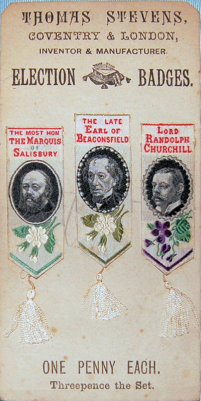 Election Badges - Point Of Sale, with portraits of Churchill, Earl of Beaconsfield and Marquis of Salisbury