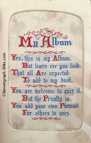 woven silk, titled "My Album", used as a cover to a book
