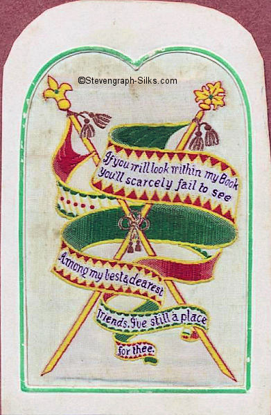 woven silk, with words on a woven ribbont, used as a cover to a book