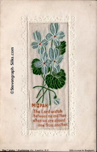 Stevens Alpha series postcard with woven MIZPAH words and various printed words