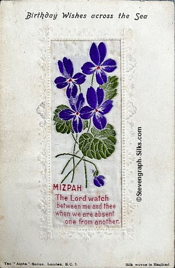 Stevens Alpha series postcard with woven MIZPAH words and various printed words