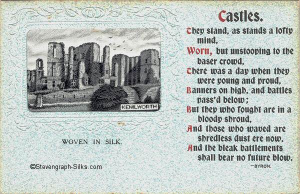 Experimental postcard with small rectangular silk of Kenilworth Castle, and printed verse