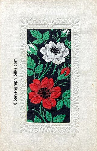 postcard with part of a Stevens woven silk bookmark, showing roses