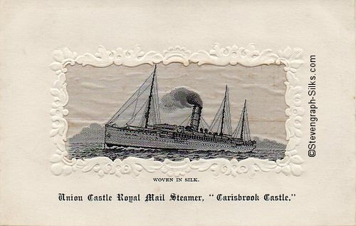 black and white silk panel of small ocean liner steaming left, with three masts and one funnel