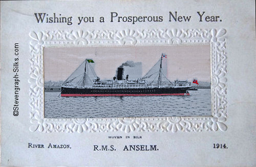 Ocean liner at anchor, with single funnel and two masts with flags