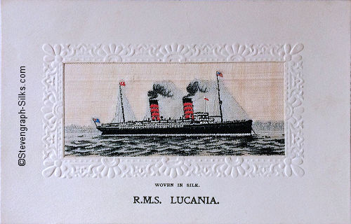 Ocean liner at anchor, with two funnels and two masts