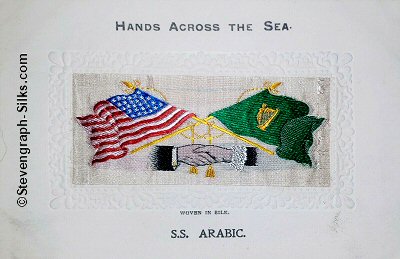 Hands Across the Sea postcard, with scalloped embossing round silk
