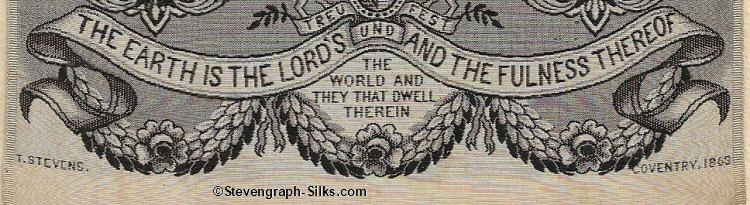 close up view of the T. STEVENS name woven at the bottom of this large silk panel